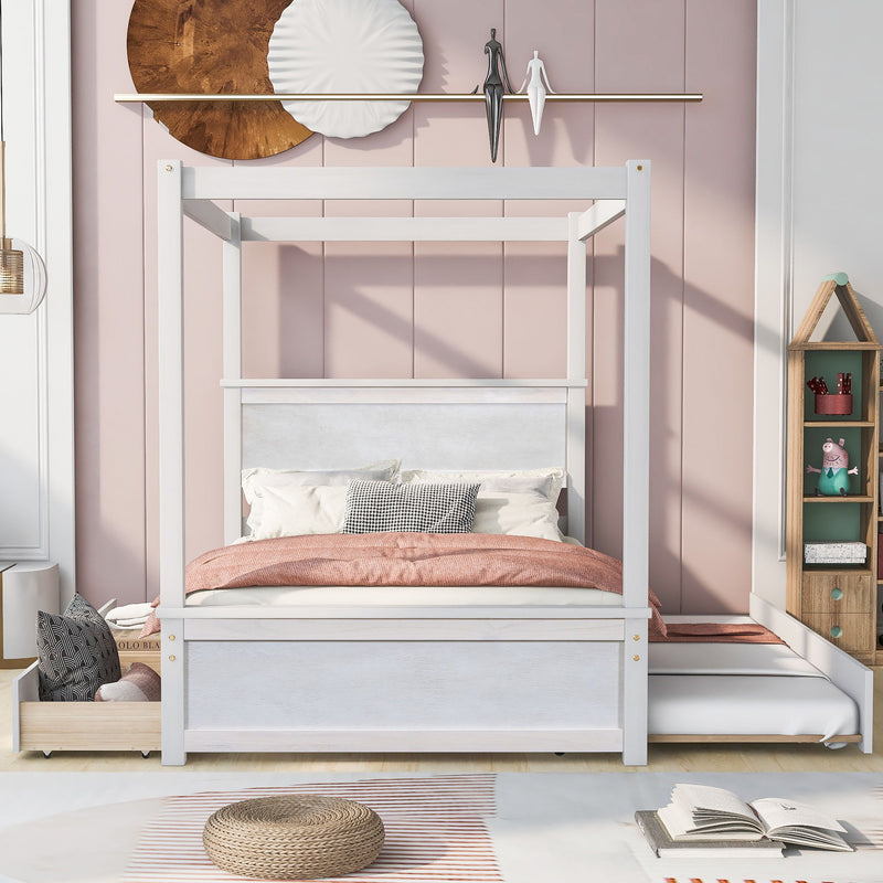 DreamHaus canopy platform bed with built-in drawers, support slats, no box spring needed, in a modern bedroom setting.