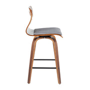 Two Lumi Source Folia mid-century modern fixed height counter stools with swivel seats, featuring sleek design and wooden legs.