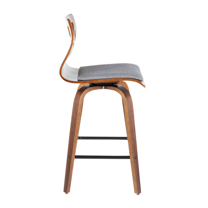 Two Lumi Source Folia mid-century modern fixed height counter stools with swivel seats, featuring sleek design and wooden legs.