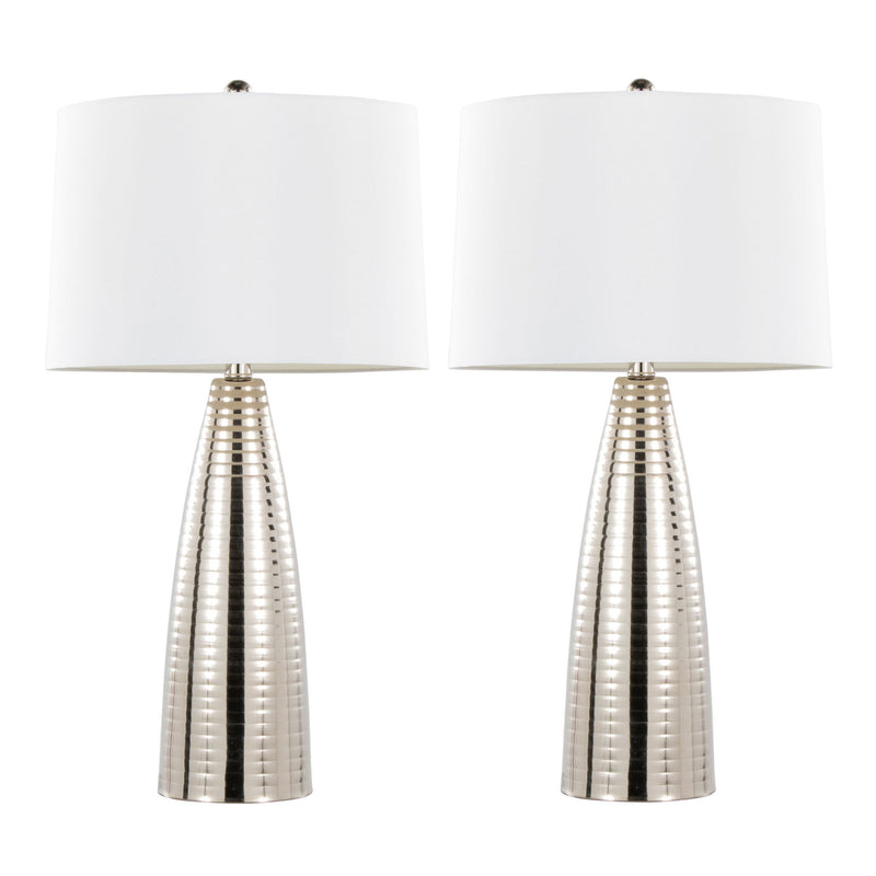 Pair of Lumi Source Maya contemporary table lamps with sleek modern design, featuring cylindrical bases and fabric shades.