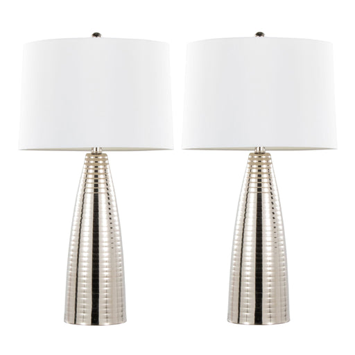 Pair of Lumi Source Maya contemporary table lamps with sleek modern design, featuring cylindrical bases and fabric shades.