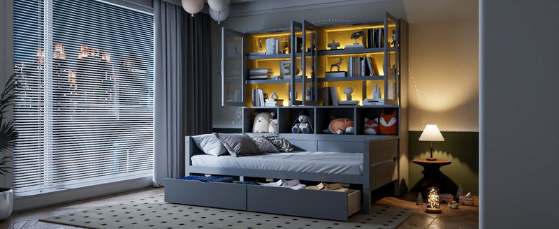 Daybed With Glass Door Storage Cabinets, Built In LED Lighting And Shelves - R&R Furniture Gallery (Fountain Valley, CA)