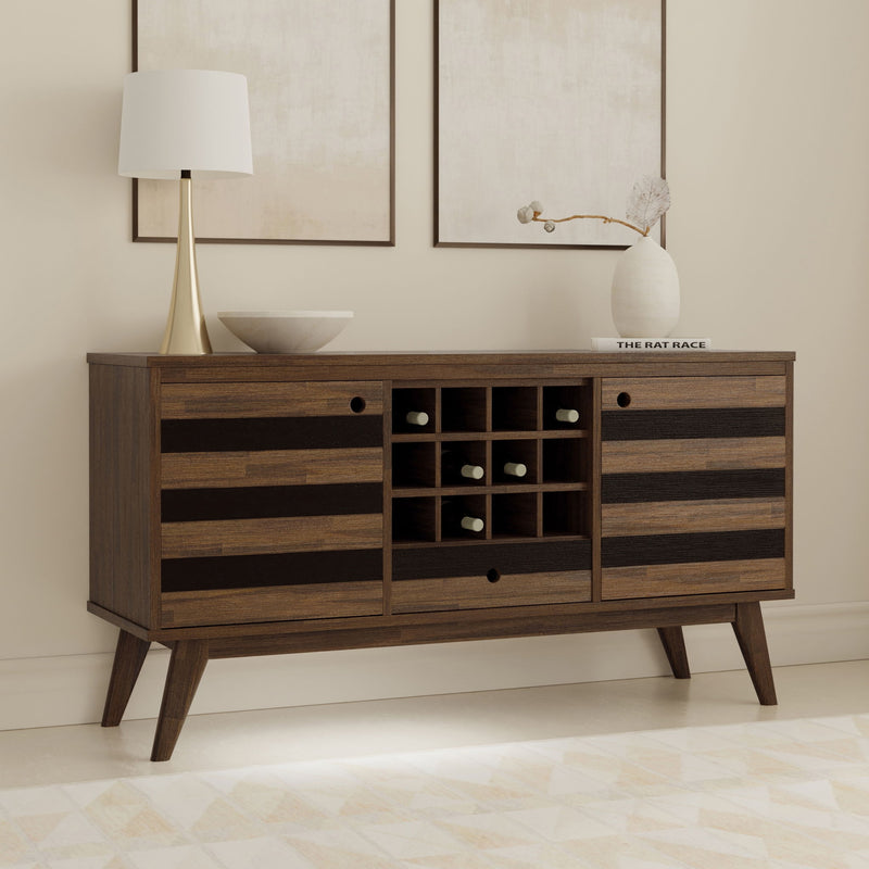 Brown Simpli-Home Clarkson sideboard with storage, featuring a modern design and multiple compartments for organization.