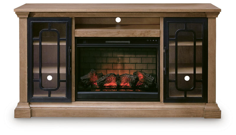 Signature Design by Ashley Wittenmyer TV stand with open shelves and storage compartments in a modern wood finish.