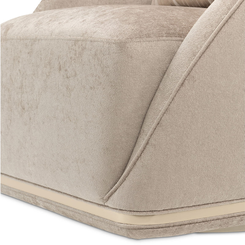 Michael Amini La Rachelle swivel chair with a plush upholstered seat and wooden legs, modern design for stylish comfort.