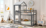 DreamHaus wooden bunk bed with roof, window, guardrail, and ladder, showcasing a sturdy design for kids' bedroom.