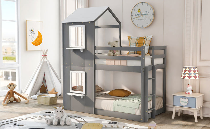 DreamHaus wooden bunk bed with roof, window, guardrail, and ladder, showcasing a sturdy design for kids' bedroom.