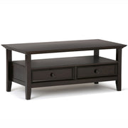 Hickory brown Amherst coffee table by Simpli-Home with a rectangular wooden surface and sturdy legs.