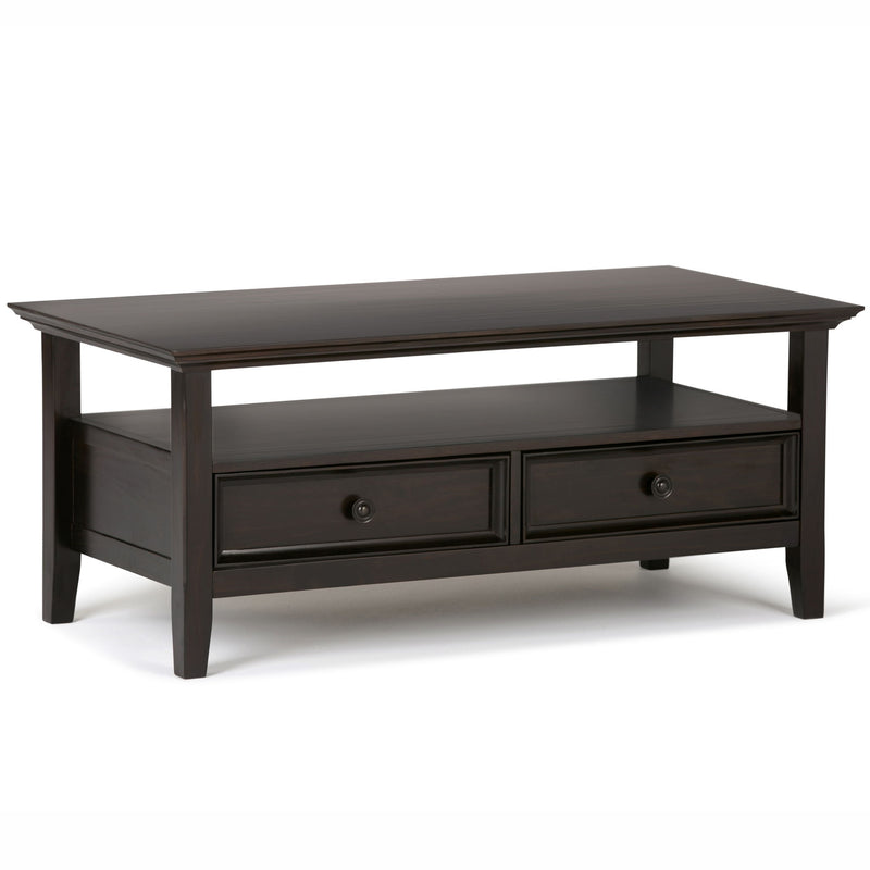 Hickory brown Amherst coffee table by Simpli-Home with a rectangular wooden surface and sturdy legs.
