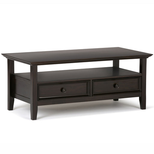 Hickory brown Amherst coffee table by Simpli-Home with a rectangular wooden surface and sturdy legs.