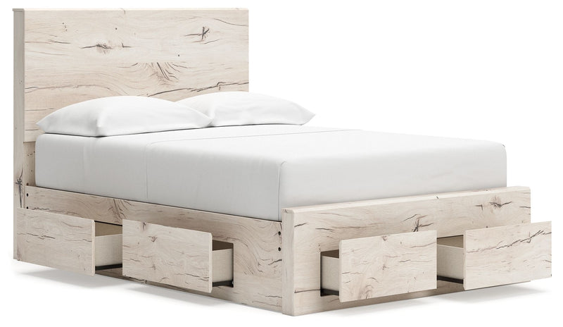 Signature Design by Ashley Lawroy panel bed with built-in storage drawers and a modern wood finish in a bedroom setting.