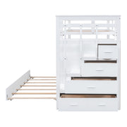 White DreamHaus twin over twin bunk bed with staircase and trundle, featuring sturdy frame and space-saving design for kids' bedroom