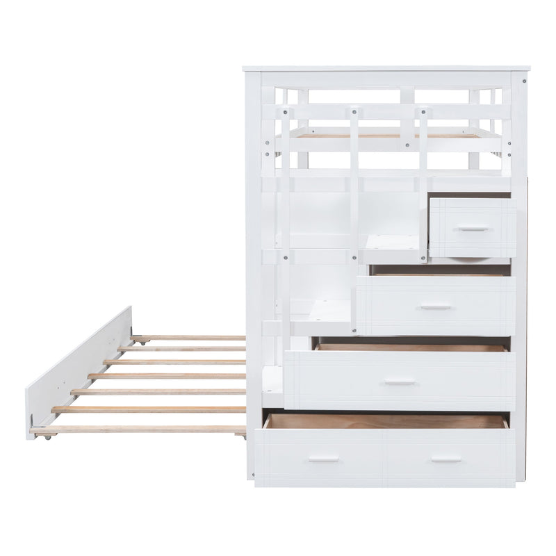 White DreamHaus twin over twin bunk bed with staircase and trundle, featuring sturdy frame and space-saving design for kids' bedroom