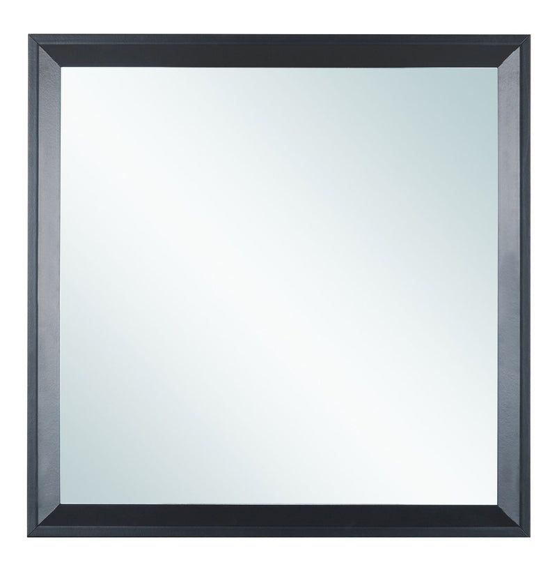 Glory Furniture Primo mirror with a sleek, modern frame reflecting a stylish bedroom interior.