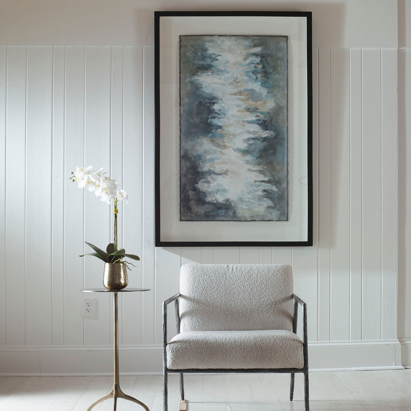 Uttermost Lakeside Grande framed abstract print in pearl silver with serene lake and mountain scene on high-quality wall art.