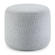 Round braided fabric accent pouf by Simpli-Home, versatile and stylish, perfect for living room or bedroom decor.
