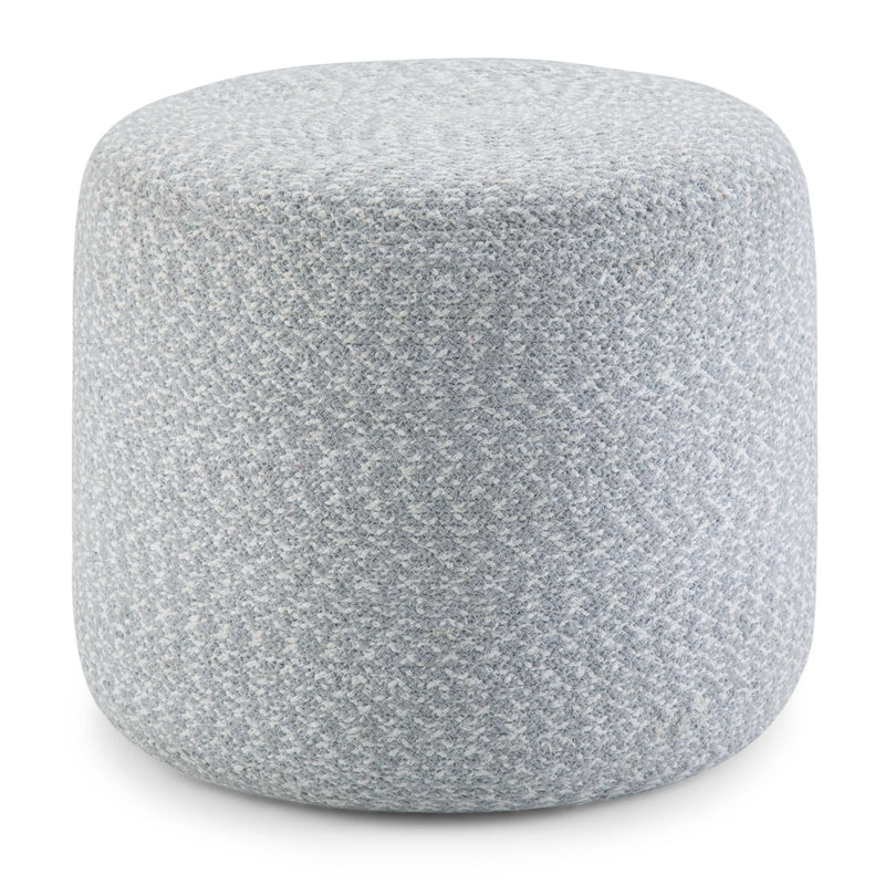 Round braided fabric accent pouf by Simpli-Home, versatile and stylish, perfect for living room or bedroom decor.