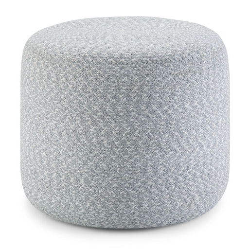 Round braided fabric accent pouf by Simpli-Home, versatile and stylish, perfect for living room or bedroom decor.