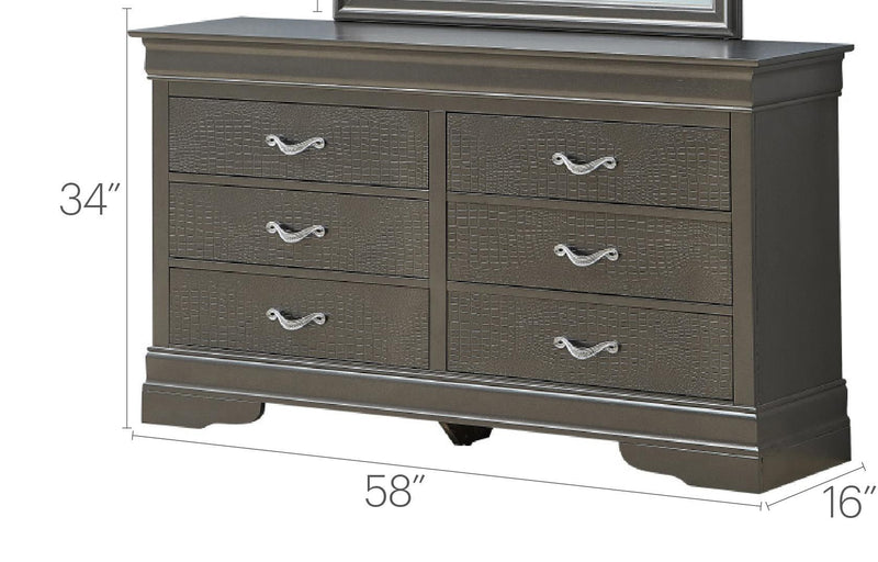 Metallic black dresser by Glory Furniture, showcasing a sleek and sophisticated storage solution with multiple drawers.