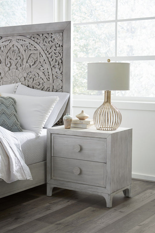 Modus Boho Chic Nighstand in Washed White showing a standalone wooden bedside table with distressed finish and simple design