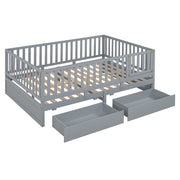 DreamHaus storage daybed with fence guardrails, two drawers, split into floor bed and daybed for versatile sleeping and storage space.