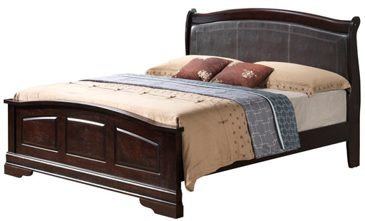 Elegant Glory Furniture Panel Sleigh Bed with curved wooden headboard and footboard, showcasing classic craftsmanship.