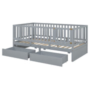DreamHaus storage daybed with fence guardrails, two drawers, split into independent floor bed and daybed, shown with bedding and pillows.