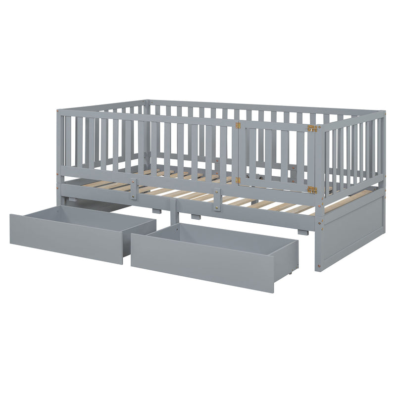DreamHaus storage daybed with fence guardrails, two drawers, split into independent floor bed and daybed, shown with bedding and pillows.