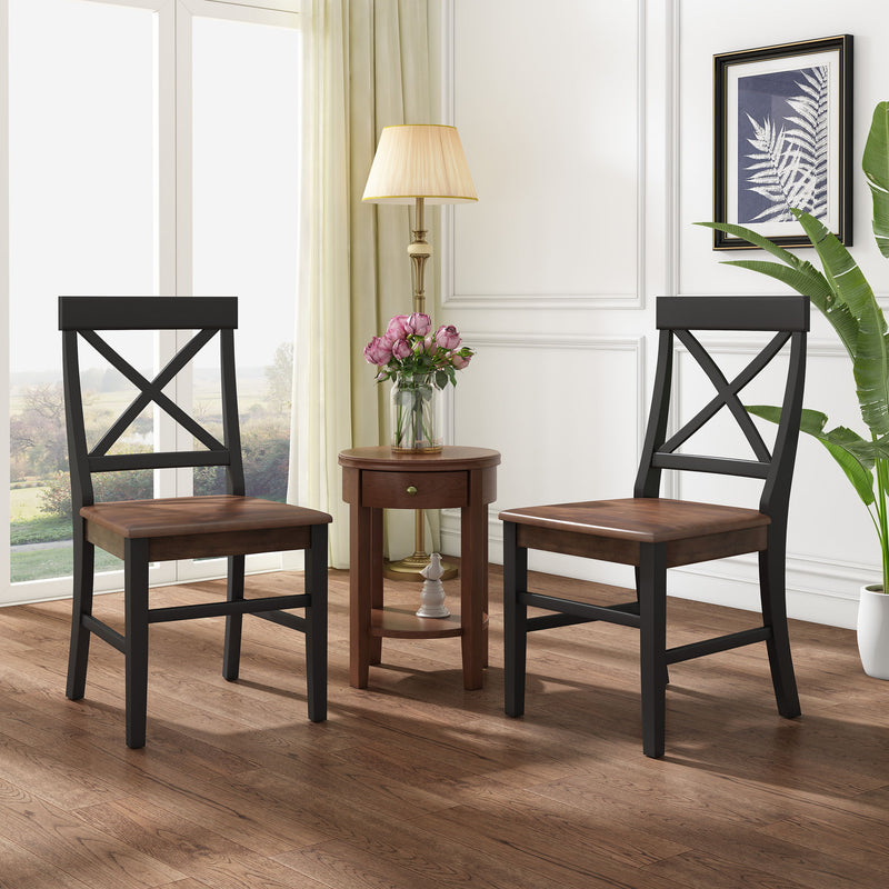 Set of two Noble House Plethora dining chairs with X-shaped back design, featuring wooden legs and upholstered seats.