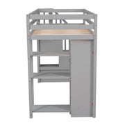 DreamHaus loft bed with integrated storage drawers, stairs with shelves, sturdy wood frame, ideal for space-saving bedroom furniture.