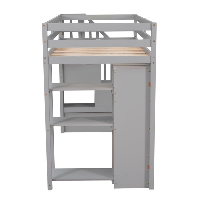 DreamHaus loft bed with integrated storage drawers, stairs with shelves, sturdy wood frame, ideal for space-saving bedroom furniture.