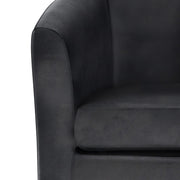 Simpli-Home Austin handcrafted arm chair with plush beige upholstery and wooden legs, stylish and comfortable for living room.