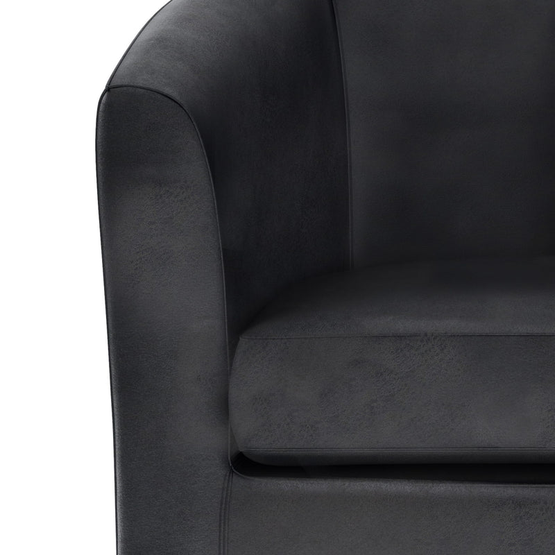 Simpli-Home Austin handcrafted arm chair with plush beige upholstery and wooden legs, stylish and comfortable for living room.