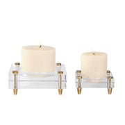 Set of two beige crystal block candleholders by Uttermost, elegant glass candle holders with a modern geometric design.