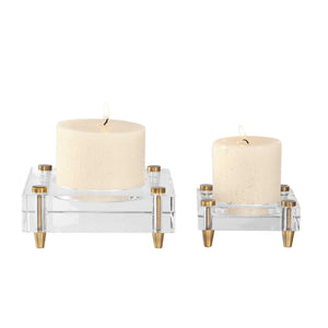 Set of two beige crystal block candleholders by Uttermost, elegant glass candle holders with a modern geometric design.