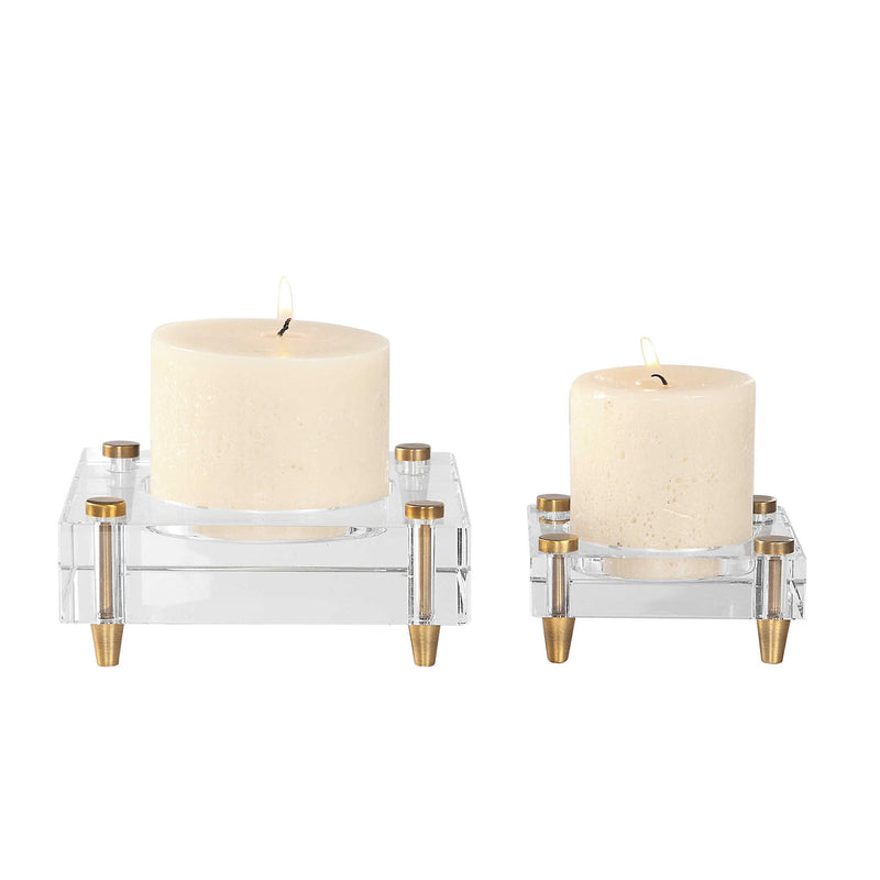 Set of two beige crystal block candleholders by Uttermost, elegant glass candle holders with a modern geometric design.