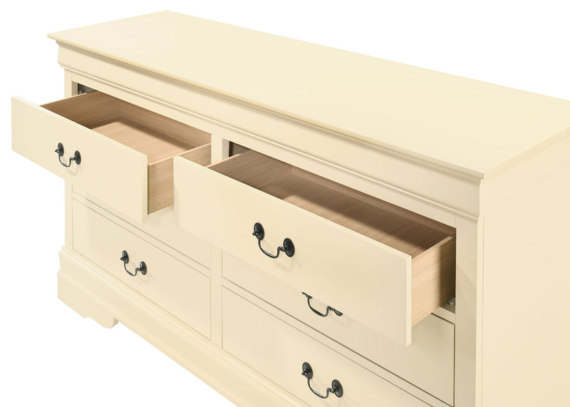 Elegant Louis Phillipe traditional dresser by Glory Furniture with polished wood finish and classic design, featuring multiple drawers.