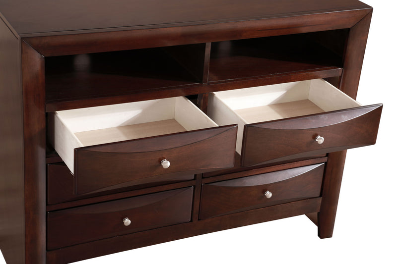 Glory Furniture Marilla media chest with multiple drawers and a sleek wood finish, ideal for TV and media storage.