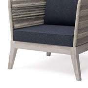 Simpli-Home Santiago outdoor conversation arm chair in slate gray with cushioned seating and armrests for patio or garden use.