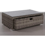 Gray glass outdoor coffee table from LSI Patio Furniture, showcasing a modern design with a sturdy frame and sleek surface.