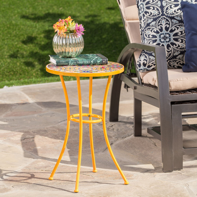 Noble House outdoor side table with yellow tile mosaic tabletop, featuring a sturdy design for patio or garden use.