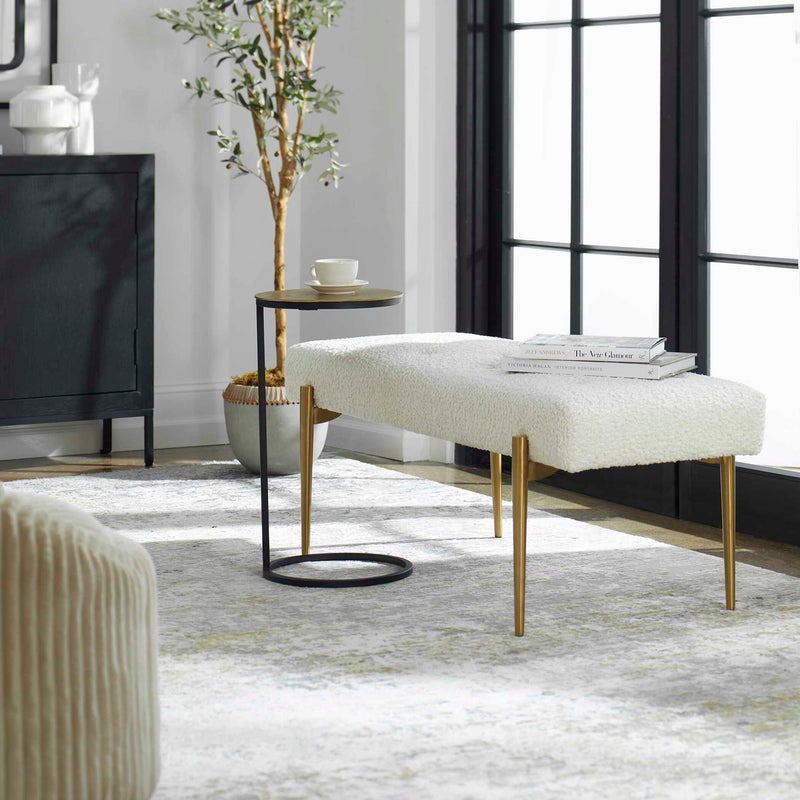 Uttermost Olivier accent bench with upholstered seat and wooden legs, modern design for entryway or living room decor.