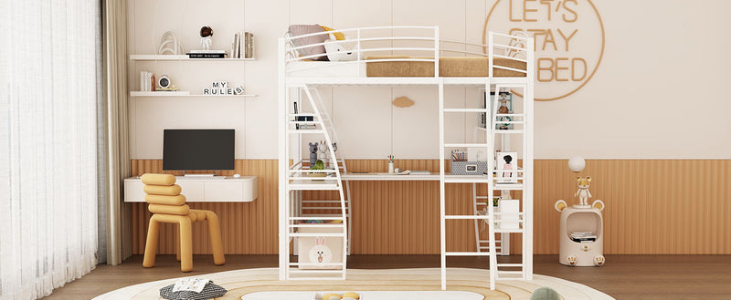 Loft Bed With 4 Layers Of Shelves And L-Shaped Desk, Stylish Metal Frame Bed With A Set Of Sockets, USB Ports And And Wireless Charging - R&R Furniture Gallery (Fountain Valley, CA)