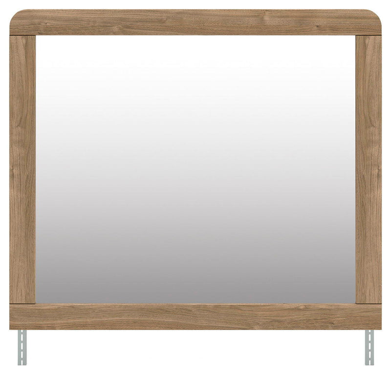 Signature Design by Ashley® Gramburg bedroom mirror with warm natural brown wood frame, showcasing a sleek, modern mirror design.