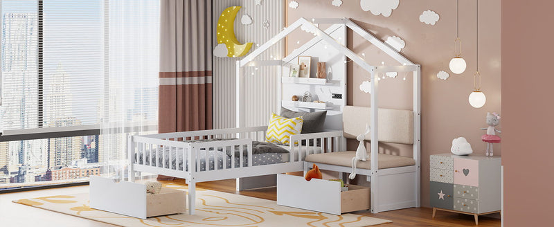 House Bed With Upholstered Sofa, Wireless Charging Station, Shelves And 2 Drawers - R&R Furniture Gallery (Fountain Valley, CA)