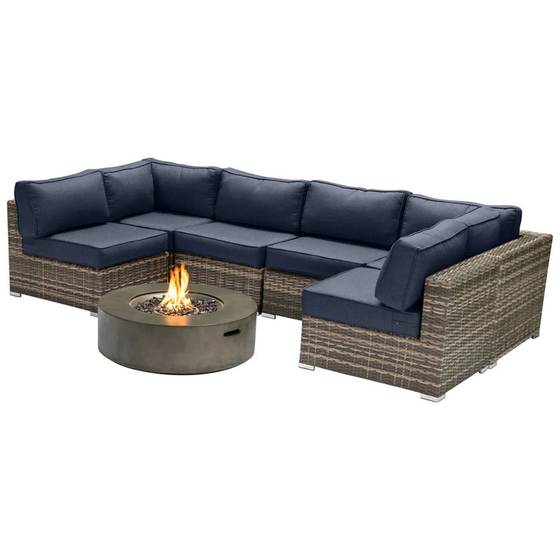 Outdoor 7 Piece Sectional Seating Group With Cushions And Fire Pit - Gray / Navy - R&R Furniture Gallery (Fountain Valley, CA)