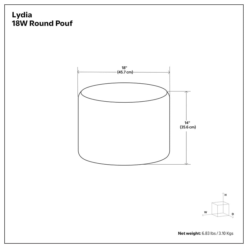 Handcrafted Lydia round accent pouf by Simpli-Home, showcasing soft fabric and plush cushion for versatile seating or decor.