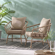 Noble House Bruce outdoor club chair set with brown rattan frames, water-resistant cushions, and iron construction.