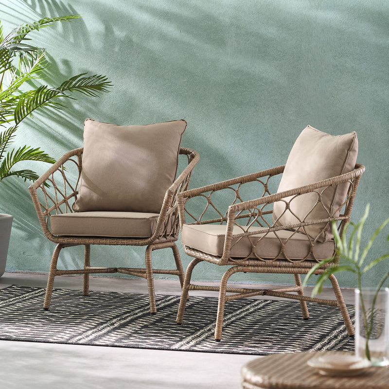 Noble House Bruce outdoor club chair set with brown rattan frames, water-resistant cushions, and iron construction.