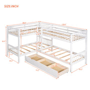 DreamHaus L-shaped bunk bed with built-in drawers, featuring a sturdy wooden frame and space-saving design for bedrooms.